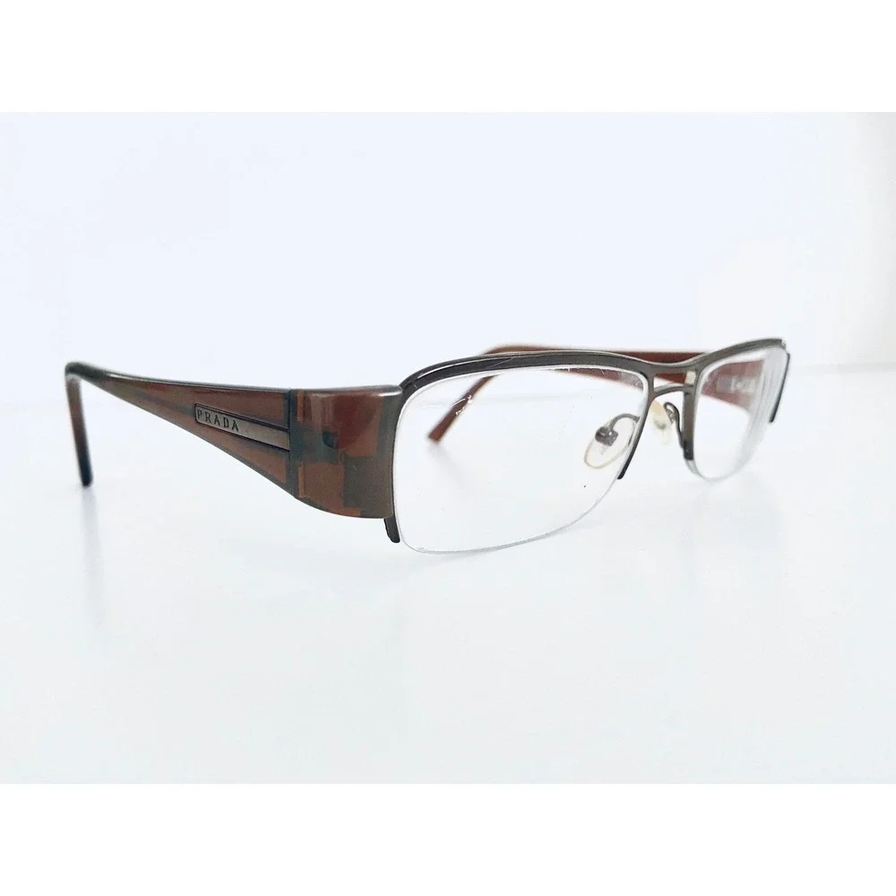 Prada Brown Metal Rectangular W Lucite Temples Glasses Italy VPR521 53 17 135